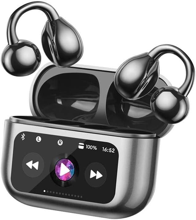 Open Ear Clip On Earbuds Intelligent Touch Color Screen Open Ear Wireless Bluetooth 5.4 Headphones Lightweight Comfort Sport Earbuds Built-in Mic IPX7 Waterproof Earphones for Running Fitness(Black) (M100)