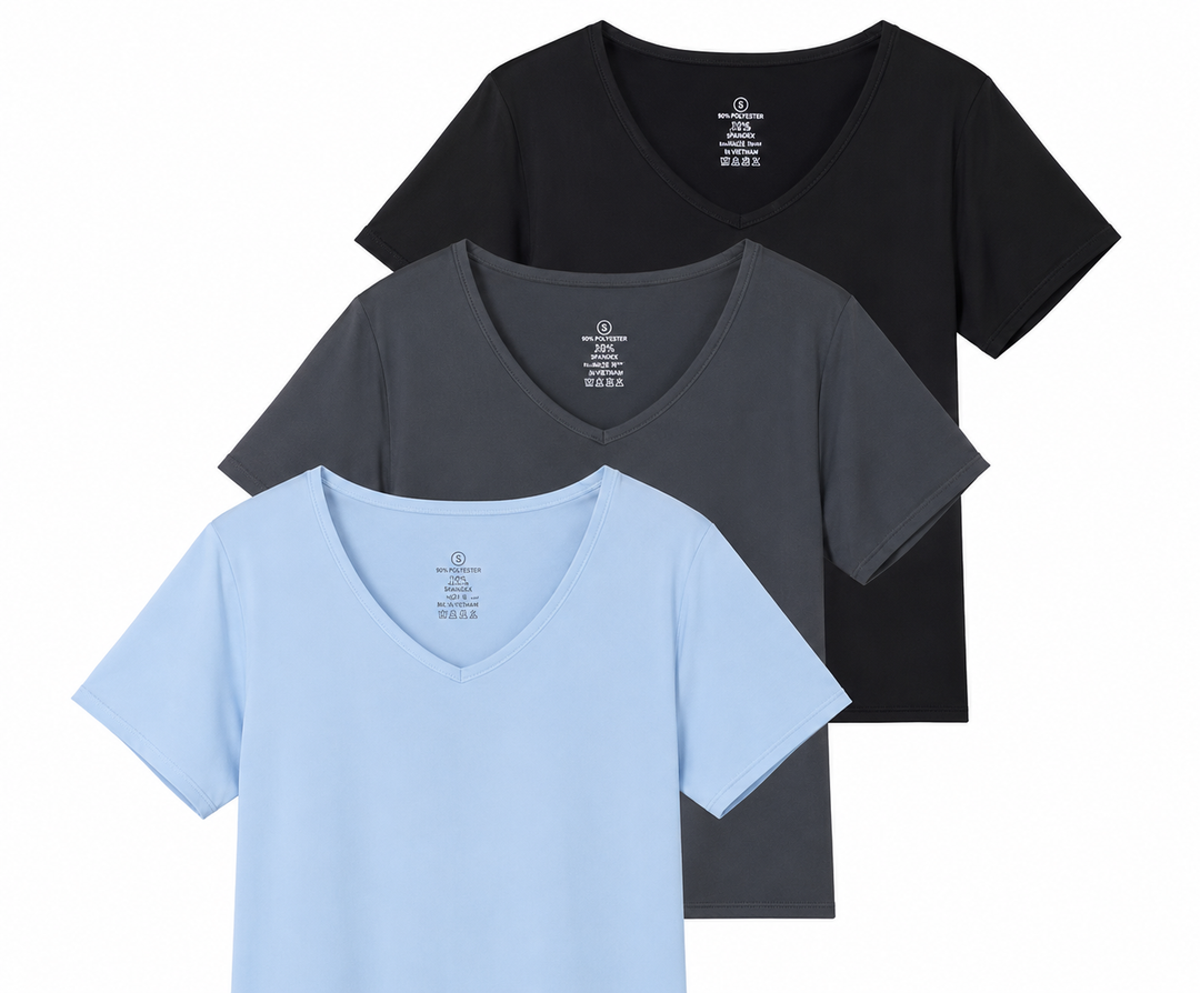 Real Essentials 3 Pack: Women's Dry-Fit Short Sleeve V-Neck Crop Top Boxy Athletic Tee (XL)