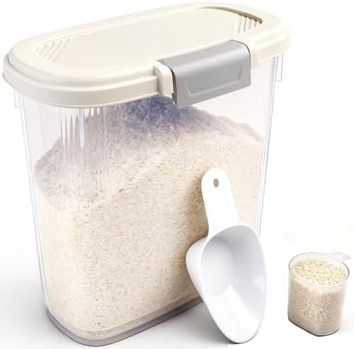 Large Rice Storage Container 20 Lbs - Tall Flour Container with Scoop + Cup - Slim Dry Food Storage Bin for Cereal, Sugar, Beans, Pet Dog Cat Food Container - Kitchen and Pantry Storage Organization