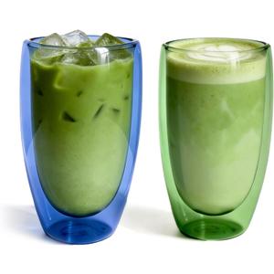 Double Wall Glass Cup Set of 2 - Insulated Coffee Mug for Hot&Cold Drinks Home Café Colored Premium Borosilicate Glass in Ocean Blue/Botanic Green