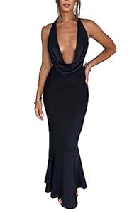LuFeng Women's Sexy Sleeveless Summer Dress Backless Deep V Neck Halter Bodycon Maxi Party Dress Black

 S