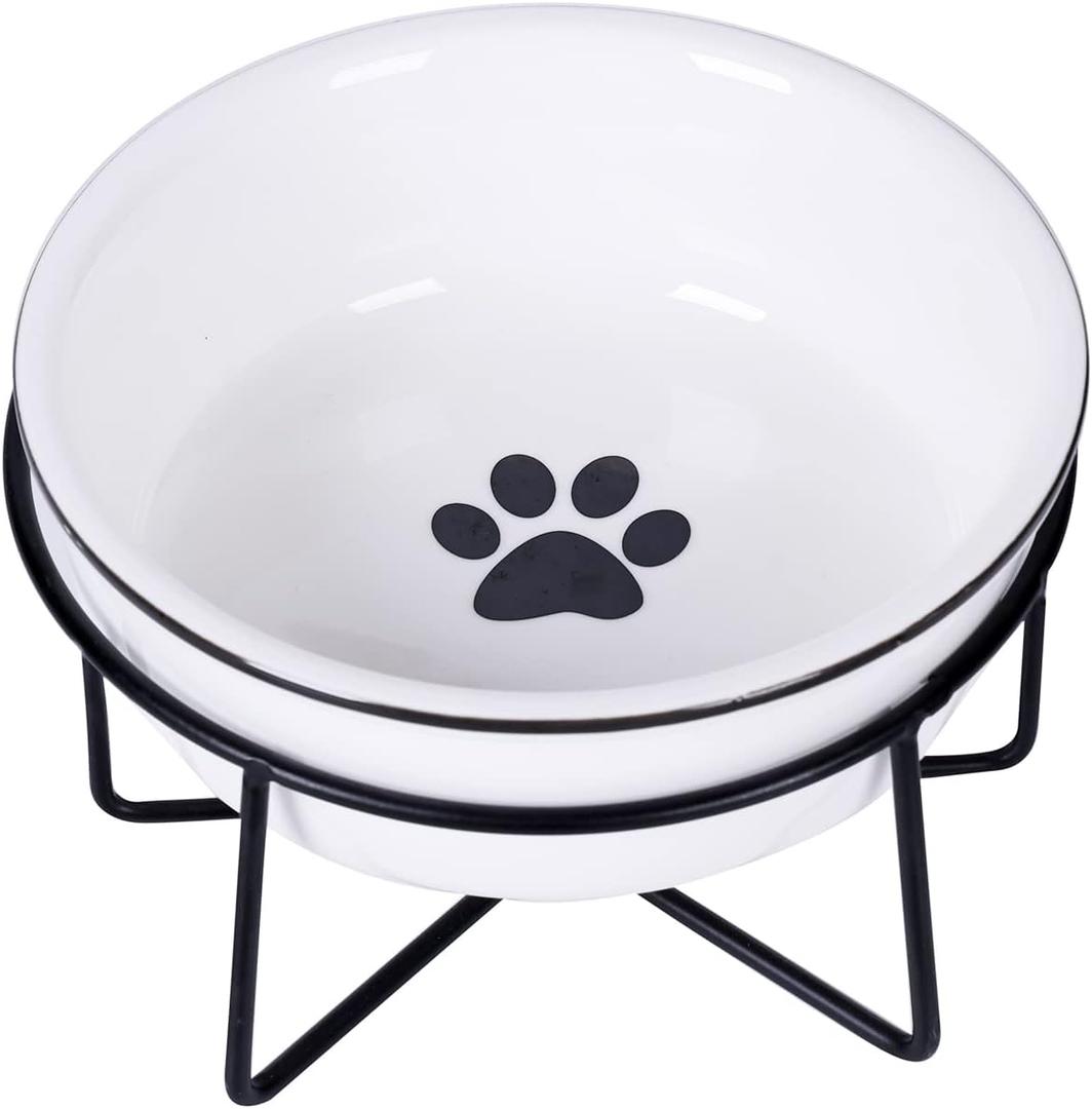 GDCZ Ceramics Raised Cat Small Dog Bowls with Heighten Metal Stand for Pet Food, 15 Ounces (White)