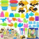 FHOZGECY Beach Toys, Sand Toys for Kids Boys and Girls with 4 Beach Construction Vehicles, 4 Collapsible Bucket, Sand Castle Building Kit, Sand Molds, Mesh Bag, Outdoor Toys for Kids Ages 4-8