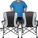 2 Pack Oversized Folding Camping Chair for Adults, Supports 450 LBS Camping Chairs, Heavy Duty Camping Chair with Side Pockets, Foldable Outdoor Chair for Camping, Beach, Fishing, Hiking, Black-Gray, Twin Pack
