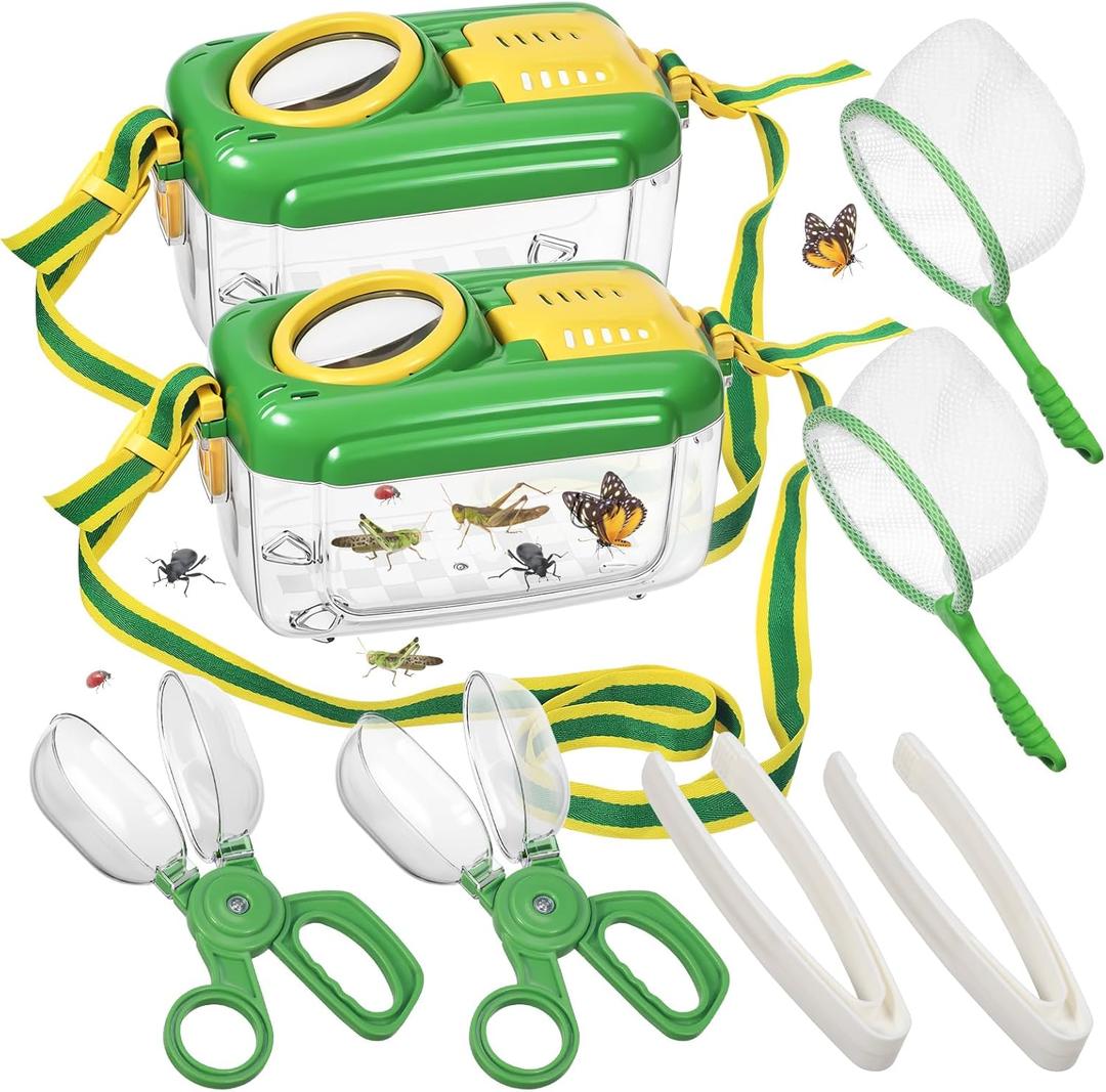 2 Sets Bug Catcher Kit for Kids, Bug Collection Kit Gifts with Insect Clip Insect Observation Box Butterfly Net Tweezer, Outdoor Activities for Kids, Outdoor Explorer Kit Insect Catching Tool