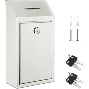 Yaocom Metal Money Donation Cash Box Collection Safe Suggestion Box with Lock Wall Mounted Mailbox Delivery Ballot Container for Home Office Outdoor Farmstand(White,10.24 x 5.71 x 2.95 Inch)