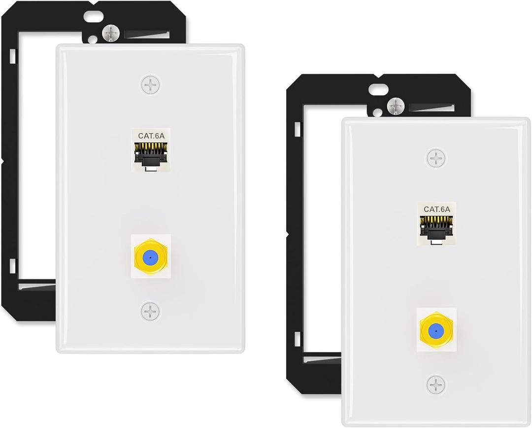 iwillink Cat6A Ethernet Coax Wall Plate, 2-Port Keystone Wall Plate with CAT 6A Shielded Coupler and 3GHz Gold Plated Coax for with F-Connector for Coaxial Cable, 2 Pack