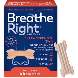 Breathe Right Nasal Strips, Extra Strength Tan Nose Strips, Drug-Free Nasal Congestion Relief for Better Breathing, Help Relieve Snoring, Caused by Colds & Allergies, Deviated Septum, 44ct