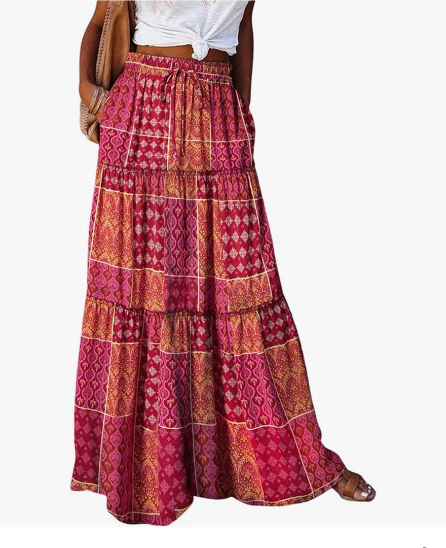 Happy Sailed Womens Floral Print Boho Maxi Skirt Elastic High Waist Pleated Ruffle Flowy Long Skirts S-Medium