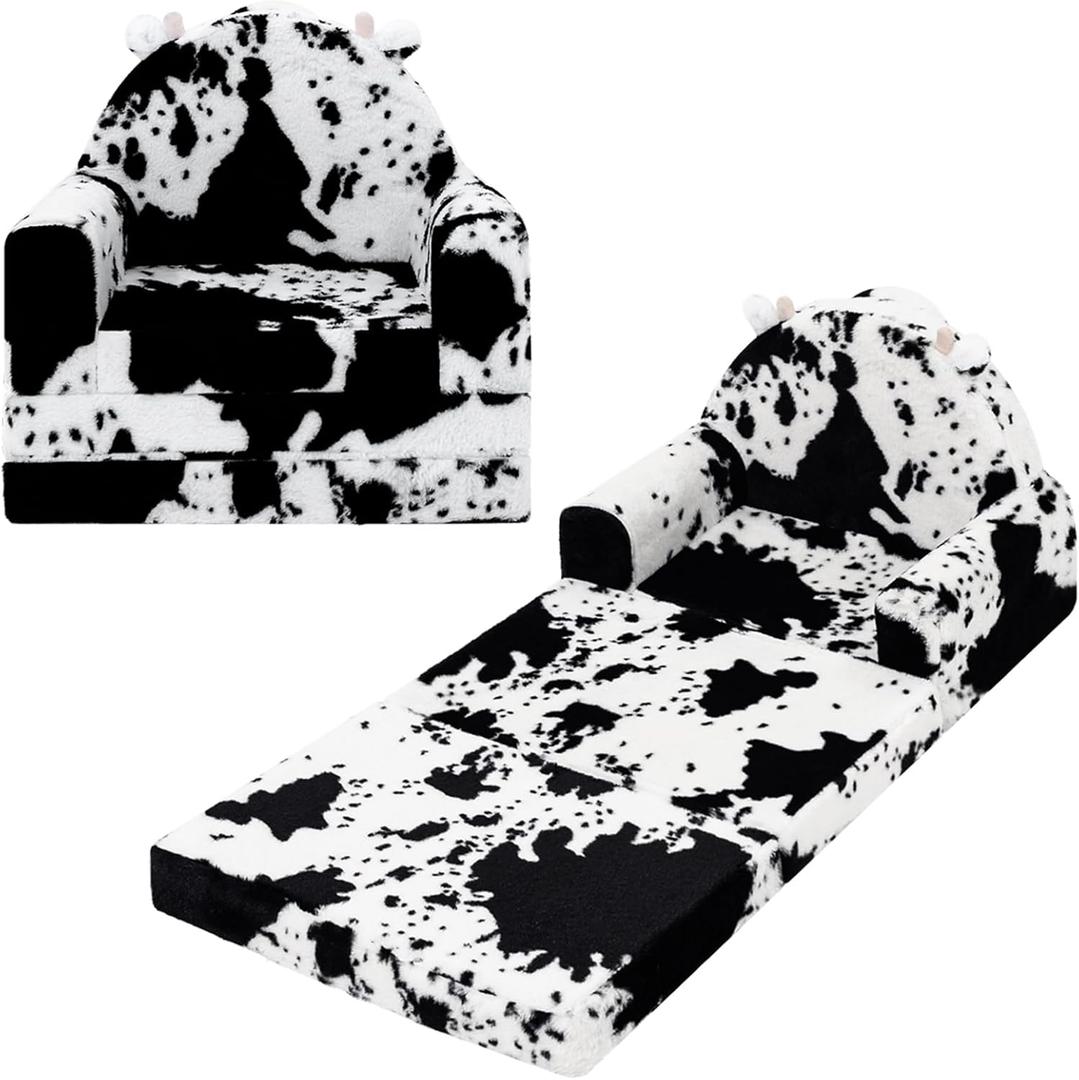 2-in-1 Toddler Chair and Couch  Soft Faux Rabbit Fur, Cow Pattern Design, Fold Out Seat for Reading & Nap, Ages 13