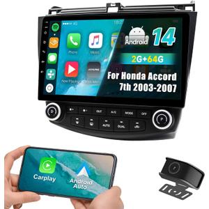 Car Radio Stereo for Honda Accord 7th Gen (2003-2007) Android 14 2GB+64GB Wireless CarPlay & Android Auto, 10-Inch IPS Touchscreen, Bluetooth WiFi GPS Navi, FM/AM, Backup Camera, SWC