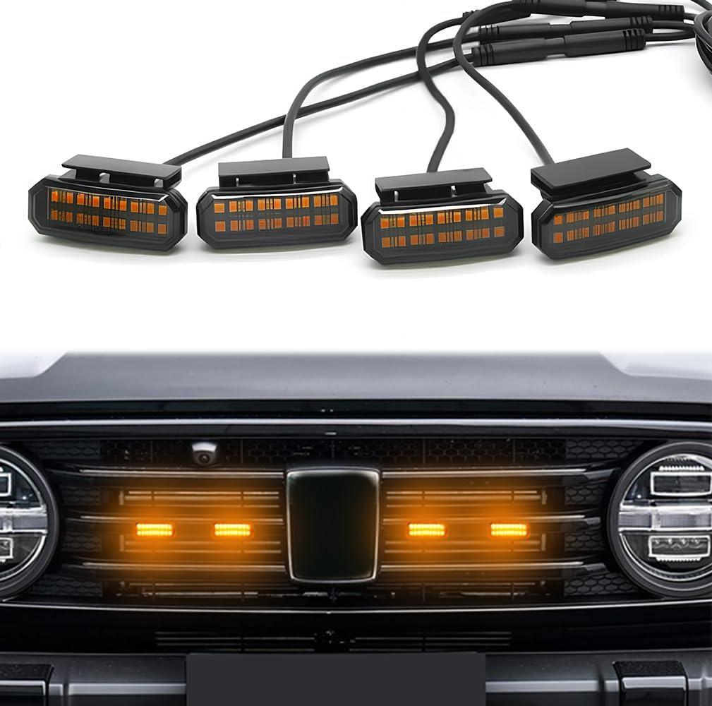 4pcs Universal Clip On Car Led Amber Front Grille Light, Automotive LED Lights with Wiring Harness and Fuse, Upgraded Buckle Grille Light (Yellow)
