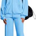 Womens 2 Piece Solid Velour Tracksuits Two Piece Velvet Lounge Outfits for Women, Long Sleeve Hoodie Tops Sweatsuits Casual Zip-Up Jacket Workout Pants Matching Set with Pockets, Sports Jogging Sets (Blue, S)