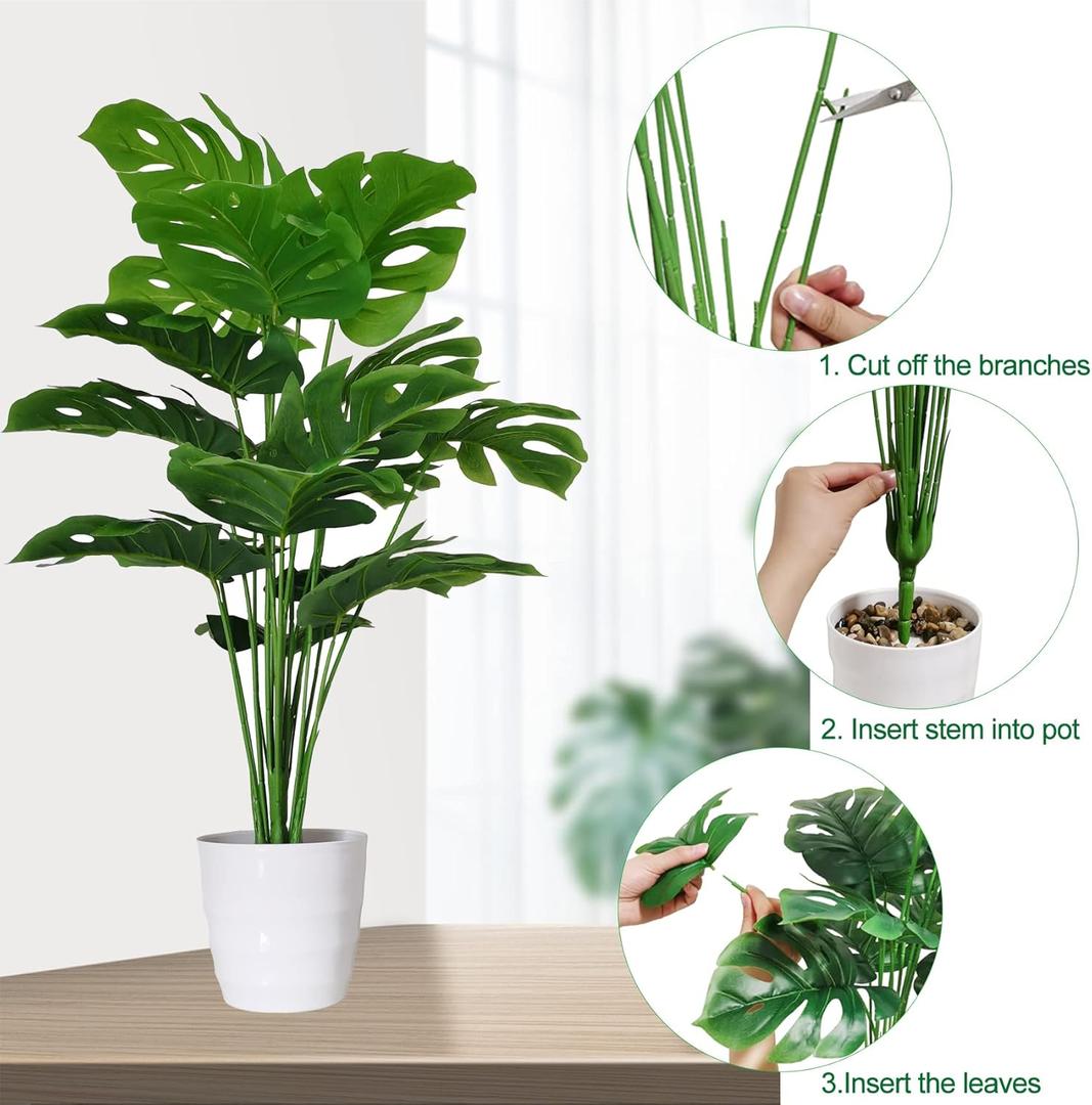 Set of 1 Artificial Monstera Deliciosa Plants in Pots, Fake Tropical Palm Tree with Greenery Leaves Stems, 28 Inch Artificial Cheese Plant for Home Bathroom, Office, Windowsill Decor