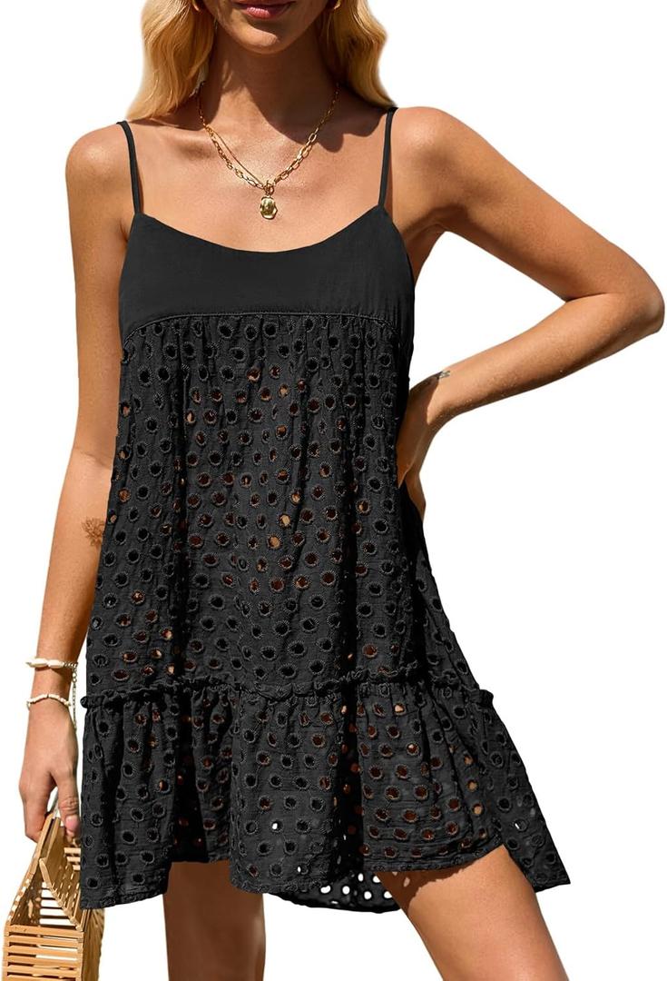 Saodimallsu Womens Crochet Cover Up Summer Spaghetti Strap Hollow Out Fringe Tie Back Beach Coverup Cami Dress (Small, Black)