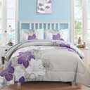 Purple Comforter Set Queen Size, Purple Floral Pattern Printed on Light Grey, Soft Microfiber 7 Pieces Bed in a Bag (1 Comforter, 2 Pillow Shams, 1 Flat Sheet, 1 Fitted Sheet, 2 Pillowcases)