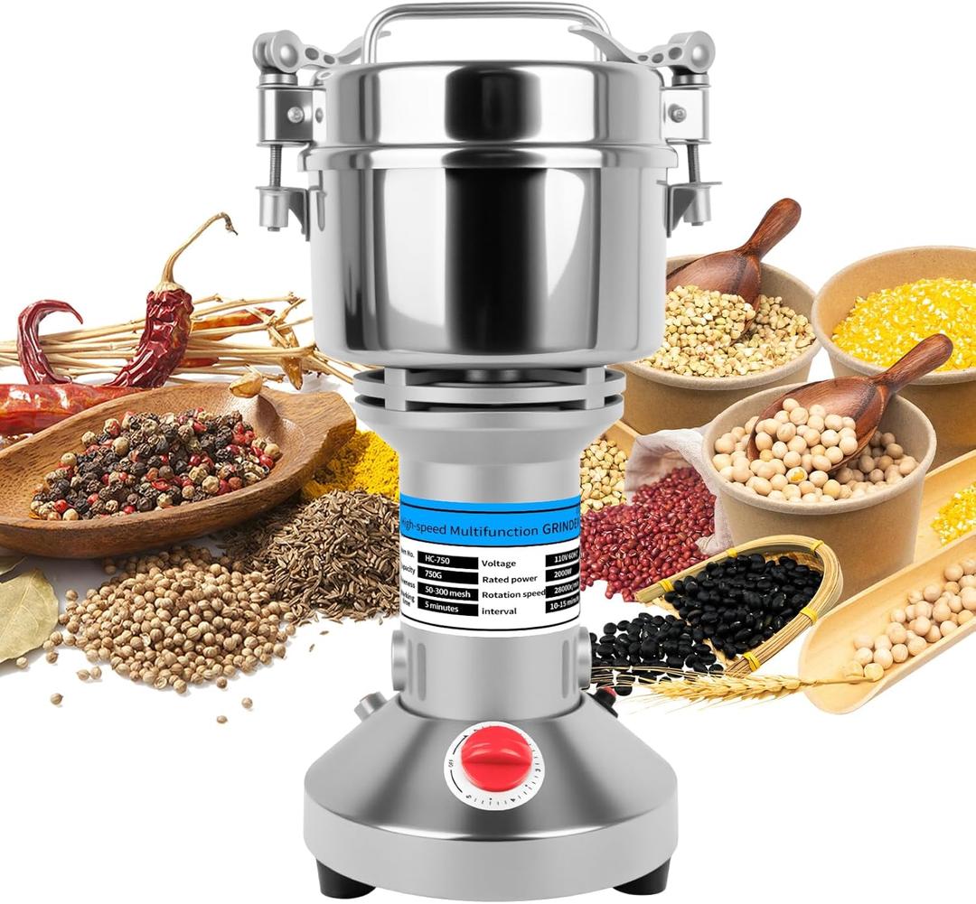 Electric Grain Mill Grinder, 750g High-Speed Stainless Steel Flour Mill, Professional Spice & Herb Pulverizer, 110V Heavy Duty Dry Food Powder Machine for Grainsn Corn Coffee Pepper & Seasonings