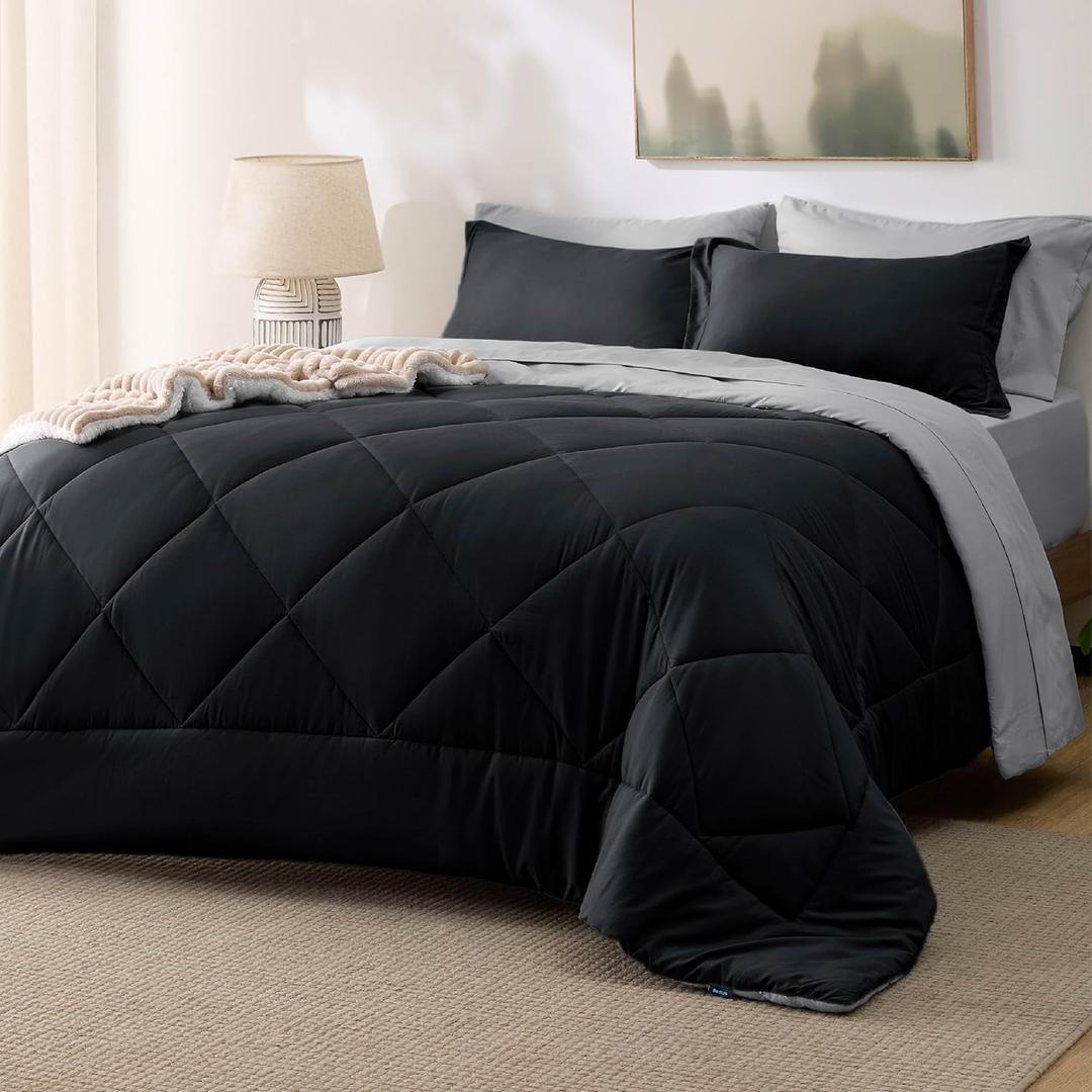 Bedsure Queen Comforter Set - 7 Pieces Reversible Black Bedding, Queen Size Bed Set for All Seasons, Bed in a Bag with Down Alternative Comforter, Sheets, Pillowcases & Shams