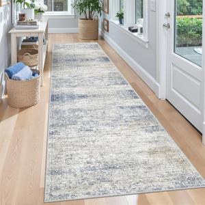 Rug Runners for Hallways Non Slip - 2x8 Runner Rug for Bedroom, Washable Runner with Rubber Backing, Soft Low-Pile Carpet for Kitchen, Laundry, Bathroom (2'x8', Blue/Brown/Ivory)