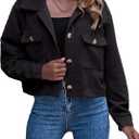 Gihuo Women's Fashion Cropped Shacket Button Down Corduroy Shacket Jackets Casual Plaid Long Sleeve Crop Jackets Tops (X-Large, Black)