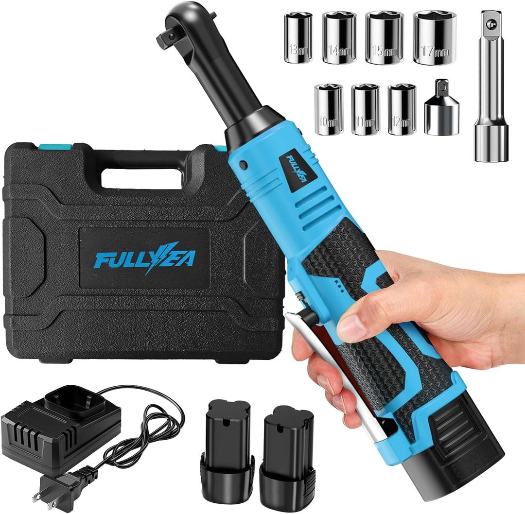FULLYEA 3/8" Cordless Ratchet Wrench Set, 40 Ft-lbs, 550 RPM, 16.8V Electric Ratchet, Extended Power Ratchet Tool Kit with Variable Speed, 2 * 2.0Ah Battery, 1/4" Adapter & 3" Extension Bar(Blue)