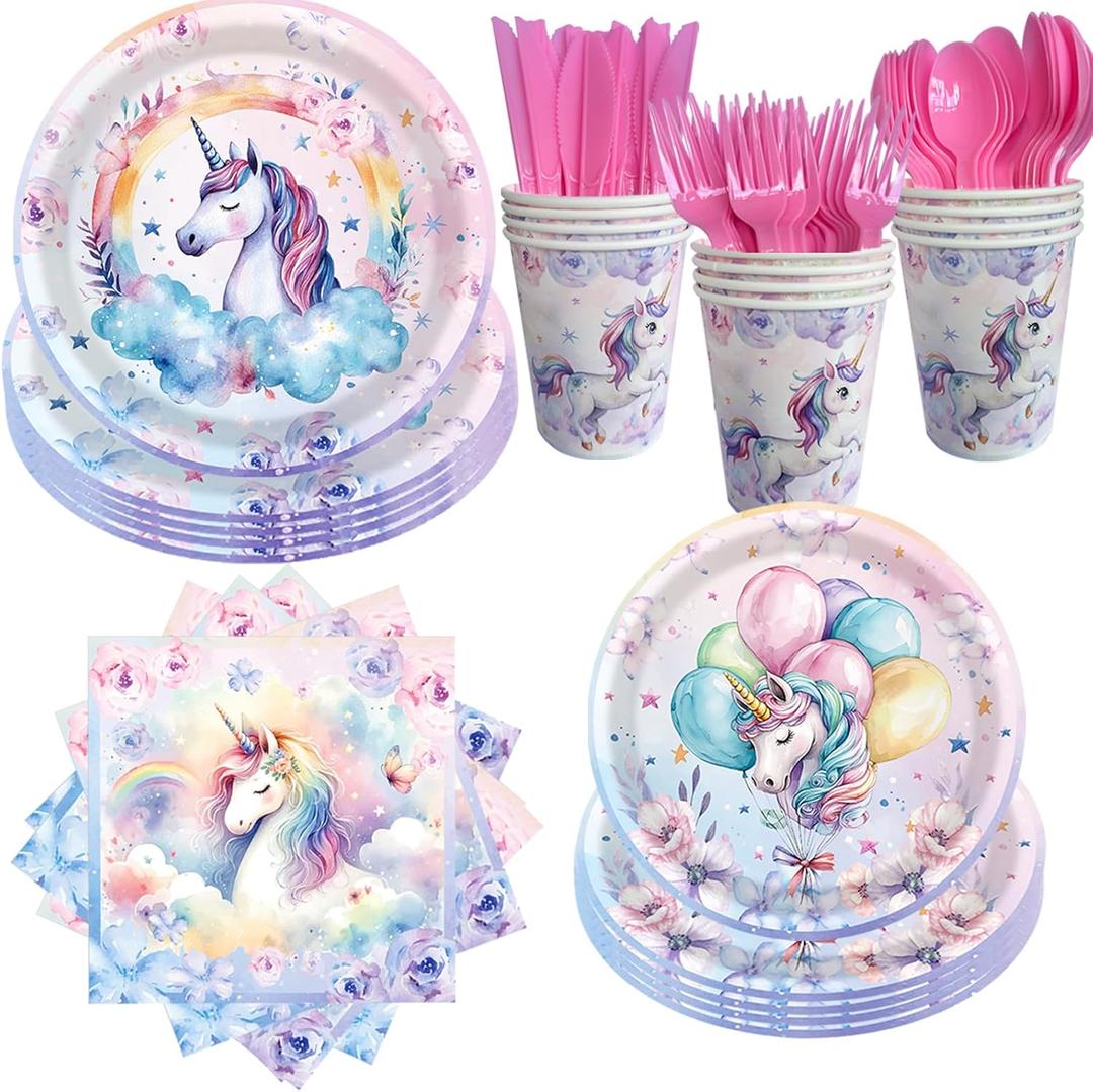 168Pcs Unicorn Birthday Decorations Plates Set, Party Supplies Pastel Rainbow Plates Napkins Cups and Cutlery for 24 Guests (Unicorn - A)