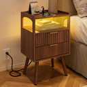 Nightstand with Charging Station and LED Lights,Modern Bedside Table with 2Drawer and Open Shelf,Walnut Night Stand with Solid Wood Legs,End Table for Living RoomBedroom and Small Spaces