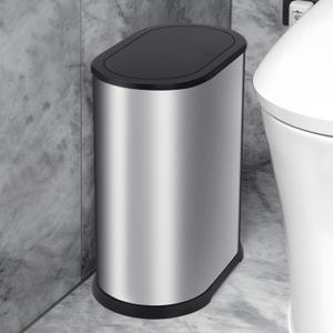 Anzoymx Stainless Steel Bathroom Trash Cans 1.8 Gallons Small Garbage Can with Pop-up Lid, Dog Proof Narrow Wastebasket, Slim Waterproof Litter Trash Bins Set for Bedroom, Toilet, Office (Silver)