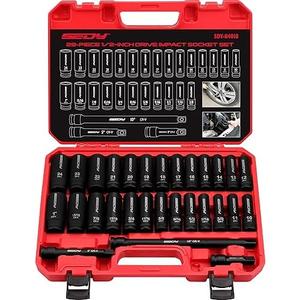29-Piece 1/2" Drive Impact Socket Set, SAE (3/8 to 1 inch) and Metric (10-24mm) Sizes with Extension Bars Standard Deep Socket Set CR-V Material High Durability Impact Wrench