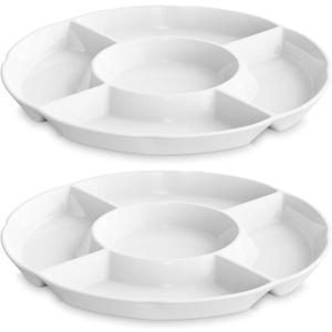 LAUCHUH Veggie Tray Set of 2, Porcelain Chip & Dip Serving Set Divided Serving Platter White Serving Tray for Party, Fruits, Veggies, Candy, Snack, Dessert, 12 inch