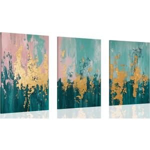 3pcs Framed modern Abstract Pictures Wall Art Modern Green & Pink with Gold Accents Canvas Prints Posters Neutral Minimalist Art paintings Wall Decor for Living Room Bedroom Office Home (12x16, Colored gold foil)