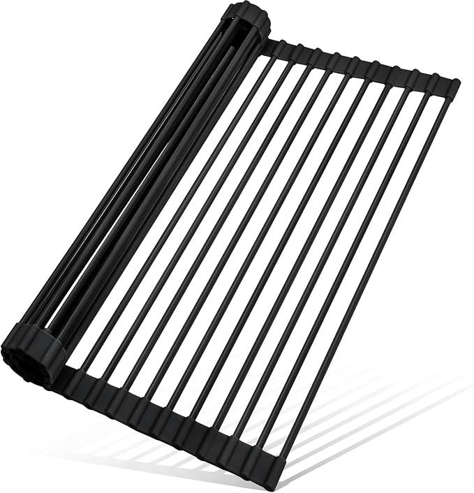 MERRYBOX 20.5" x 13" Roll Up Dish Drying Rack Silicone Wrapped Over The Sink Dish Drying Rack Multipurpose Foldable Sink Drying Mat, HeatResistant & AntiRust Dish Rack for Kitchen Sink, Large, Black, Rectangle-black