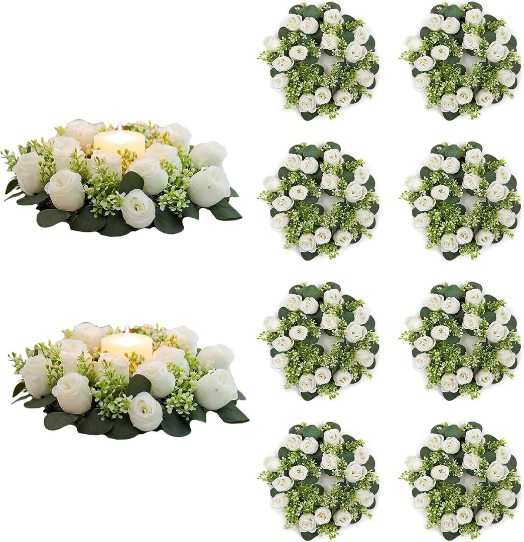 NUPTIO Flower Wedding Centerpieces for Tables - 10 Pcs 14 inch Diam Large White Artificial Flowers Fake Roses Candle Rings Wreaths Spring Summer Wreath for Front Door Weddings Party Ceremony Decor