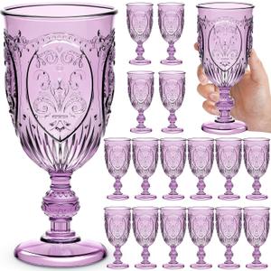 Wiwiqing 18 Pack Plastic Goblets 10oz Upgrade Vintage Water Goblet Plastic Wine Glasses Colored Retro Embossed Glassware for Party Wine Bar Juice Baby Shower Wedding Reception Grand (Purple)