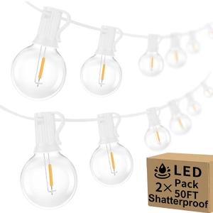 100ft Outdoor G40 LED Globe String Lights Dimmable Shatterproof Waterproof Light Strings with 52 Bulbs Connectable Commercial Hanging Lights for Patio Balcony Backyard Party (White Wire, 2-Pack)