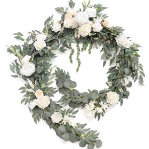 Ling's moment 9FT Spring Flower Garland for Backdrop Decorations - Wedding Arch Flowers, Eucalyptus & Rose, Artificial Floral Garland for Mantel - Sweetheart Table Decor for Reception, White & Sage 