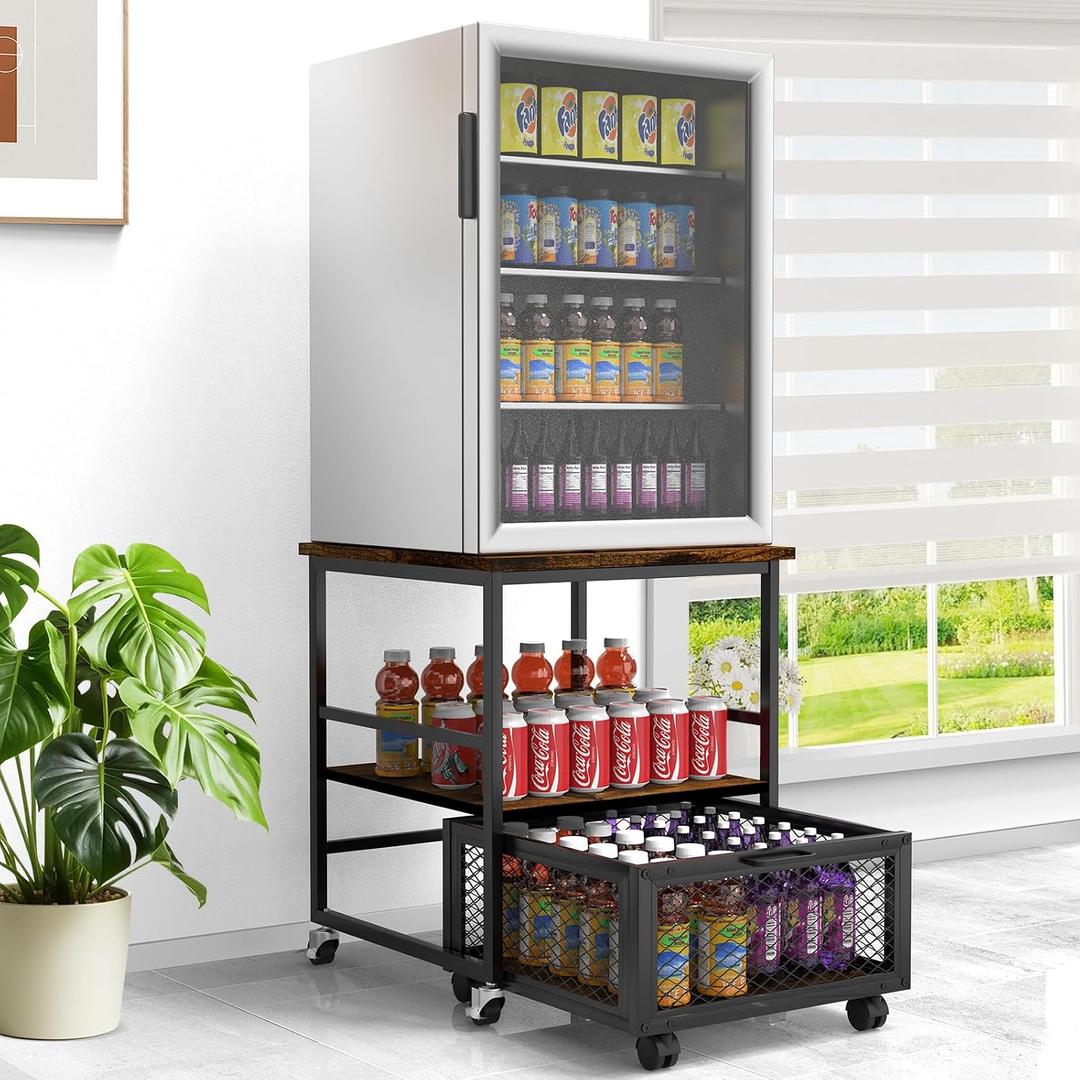 19.7x19.7in Mobile Mini Fridge Stand with 3 Storage,Small Beverage Refrigerator Table with Wheels Rolling Compact Drawer Cart,Great for Dorm Home Office, Printer Stand, Coffee Table, 3 Tiers