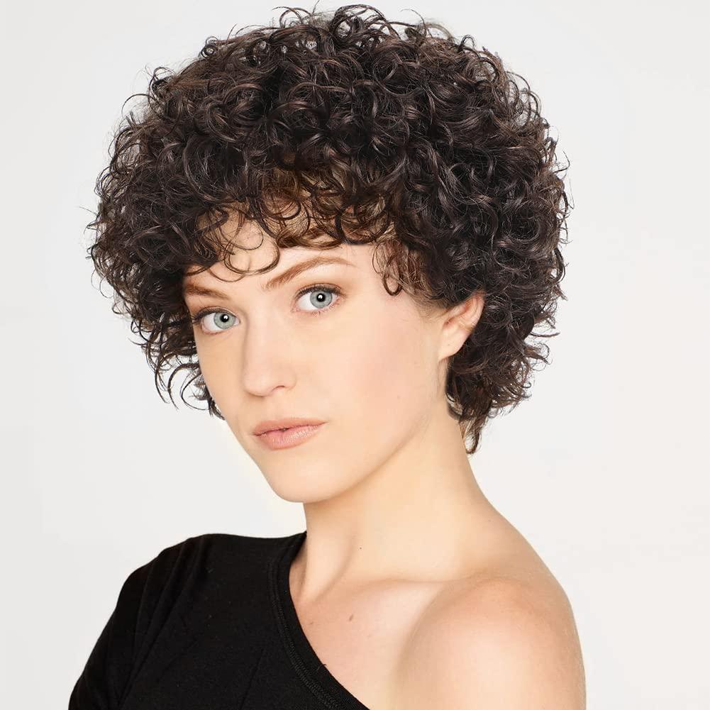 HUA Short Curly Human Hair Wigs for Black Women - Dark Brown #2 Color Short Pixie Cut Wigs with Bangs - Glueless, Wear and Go