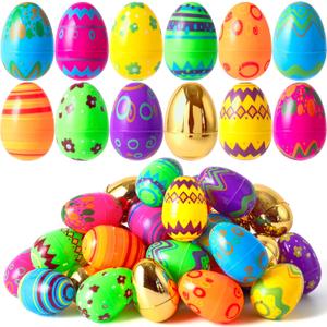 JOYIN 64 Pcs 3.15" Colorful Printed Eggs Include 8 Golden, Plastic Fillable Empty Eggs for Easter Hunt, Basket Stuffer Filler, Classroom Prize, Party Favors