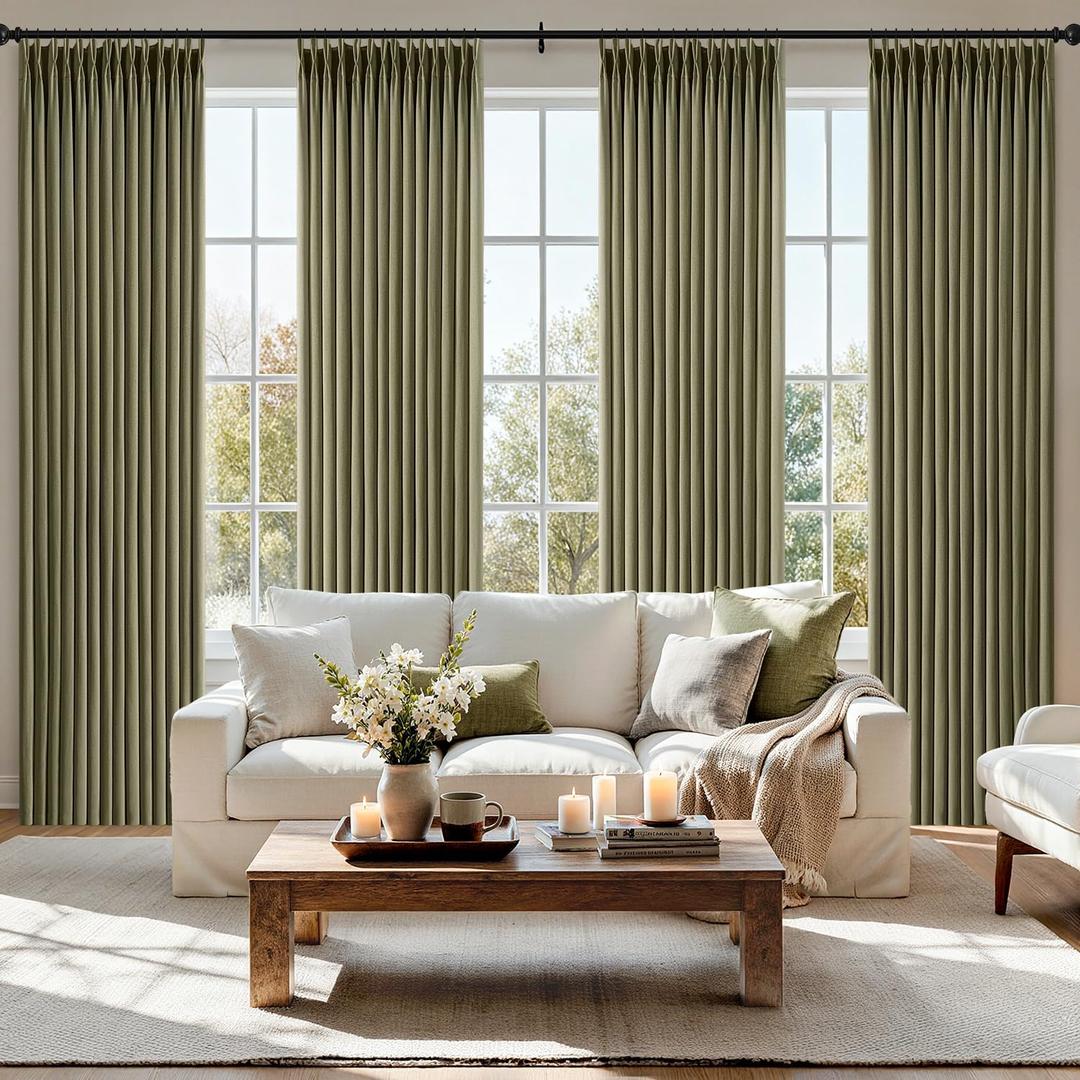 MIULEE Pinch Pleated Thick Linen Curtains 90 Inch 4 Panels Set Back Tab Memory Trained Pinch Pleat Semi Sheer Light Filtering Curtains Let Light in Window Drapes for Living Room Bedroom Olive Green, 40"W x 90"L