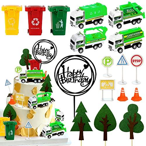 17PCS Garbage Truck Cake Topper Trash Truck Cake Decorations Trash Can Birthday Party for Trash Truck Waste Management Recycling Party Supplies