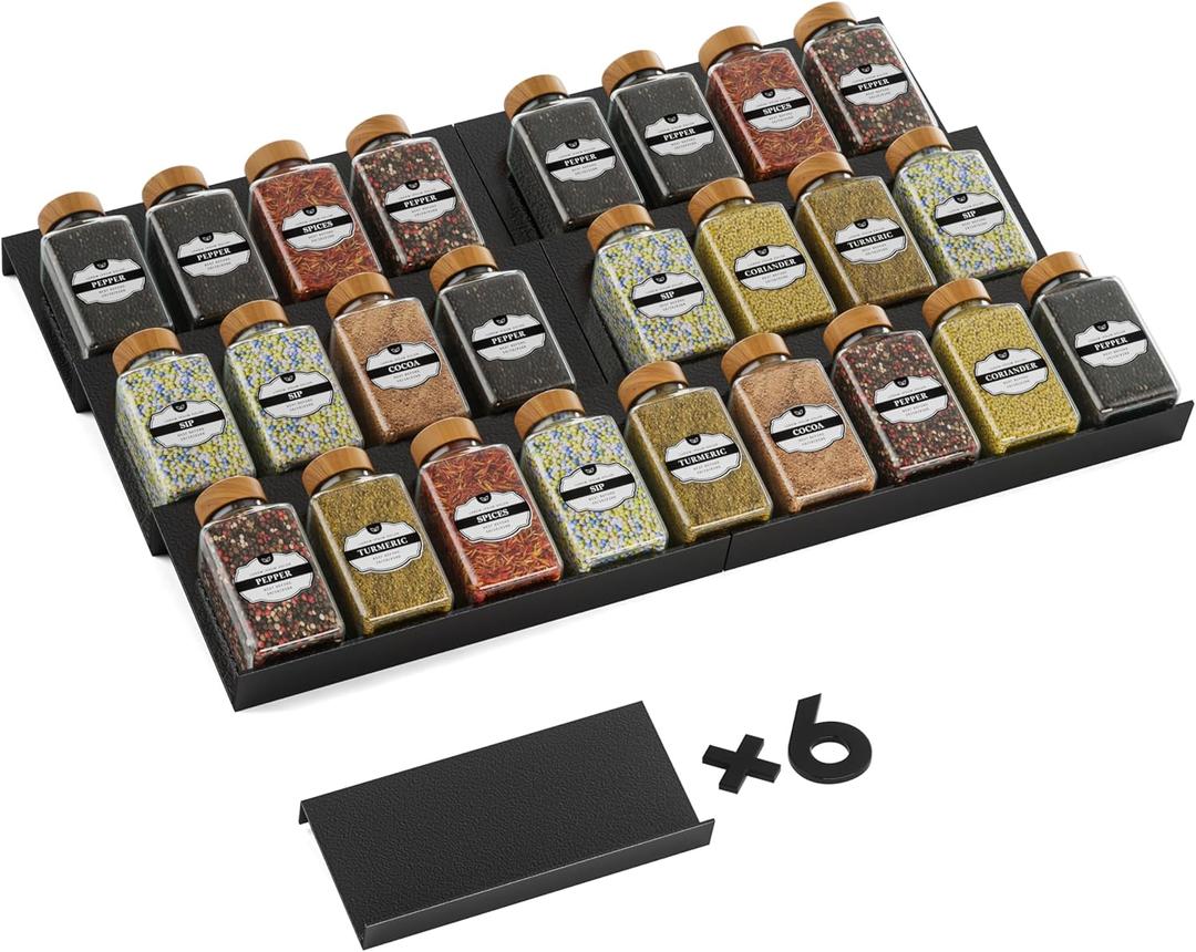 Artibear Aluminum Spice Drawer Organizer, Spice Rack Tray for Kitchen Cabinet, 6 Pieces Set-Expandable Seasoning Storage Rack From 8"-16" Insert for Drawer/Countertop (Jars Not Included)