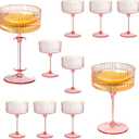 12 Pcs Detachable Martini Glasses 10oz Plasitc Pink Ribbed Coupe Glasses Gold Rim With Pink Stem Vintage Cocktail Glassware Set Unique Martini Glass For Champagne Wine Wedding Anniversary Bar