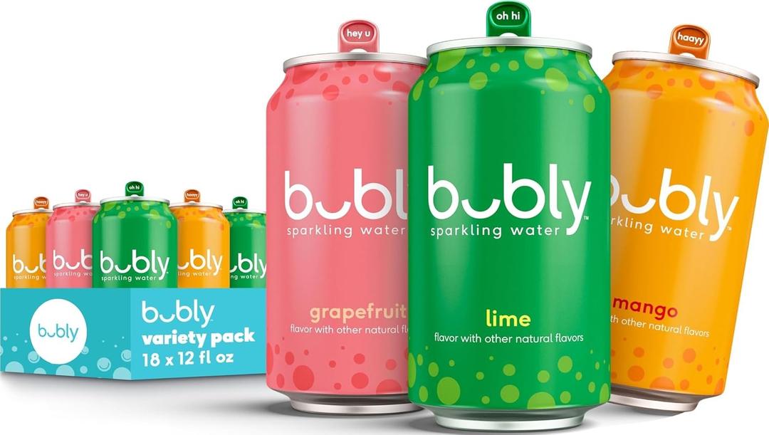 bubly Sparkling Water, Tropical Thrill 3 Flavor Variety Pack (Lime, Grapefruit, Mango), Zero Sugar & Zero Calories, Seltzer Water, 12 Fl oz Cans (Pack of 18) (EXP 12/14/26)