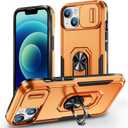 Phone Case for iPhone 14 Case with Camera Lens Cover, with Ring Holder Kickstand, fit Magnetic Car Mount, for iPhone 14 - Orange