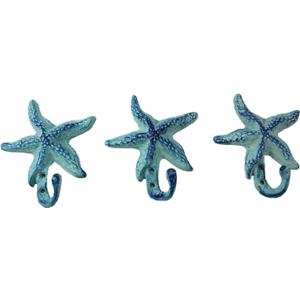 Starfish Cast Iron Wall Hooks Antique Blue - Set of 3 for Coats, Aprons, Hats, Towels, Pot Holders, More
