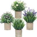 4 Pack Small Fake Plants, Artificial Eucalyptus Leaves with Flowers, Lavender & Daisy with Gray Paper Pulp Pots, Small Faux Potted Plant with Flowers for Home Decor, Indoor&Outdoor Decoration