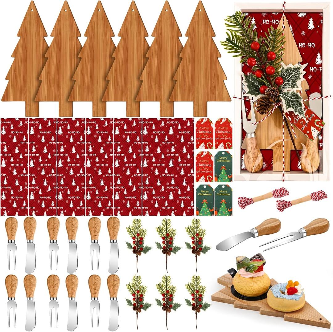 LemonRoad 6 Set Christmas Cutting Board Gift Christmas Tree Cutting Board with Knives Forks Kitchen Towels Merry Gift Tags Charcuterie Boards Bamboo Serving Tray for Xmas Birthday Party Favors