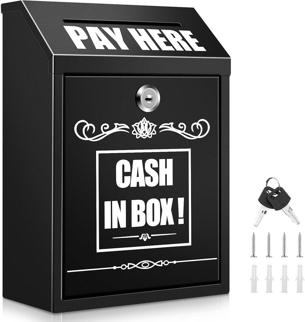 Wall Mounted Cash Box with Key Lock and Slot, Secure Money Collection Box with Prints, Metal Donation Box for Home, Office, Outdoor, Business, Farm Stand, Self-Serve Kiosk