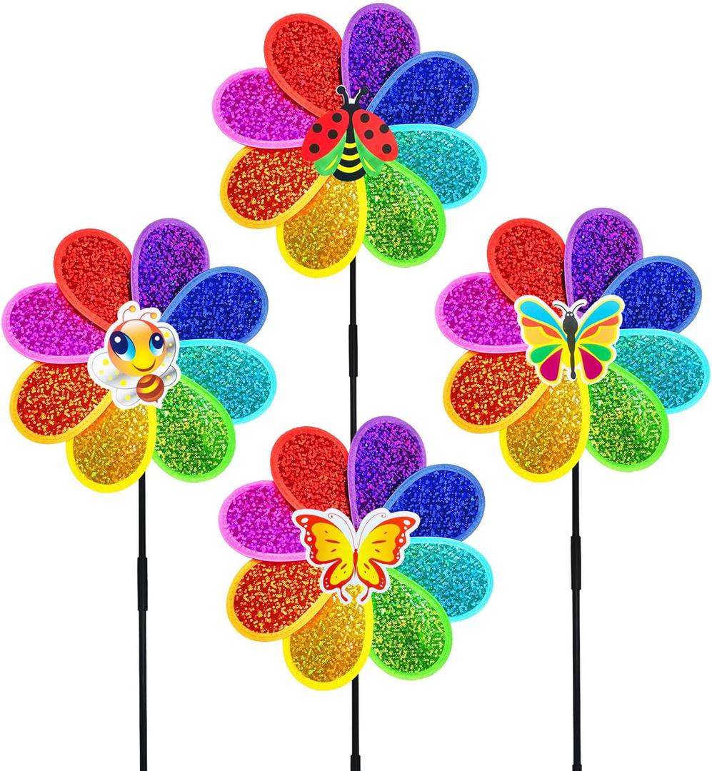 Outdoor Wind Spinners Yard Garden Decor Shiny Pinwheels, Lawn Rainbow Ornaments to Deter Animals Scare Birds Away (4PCS)